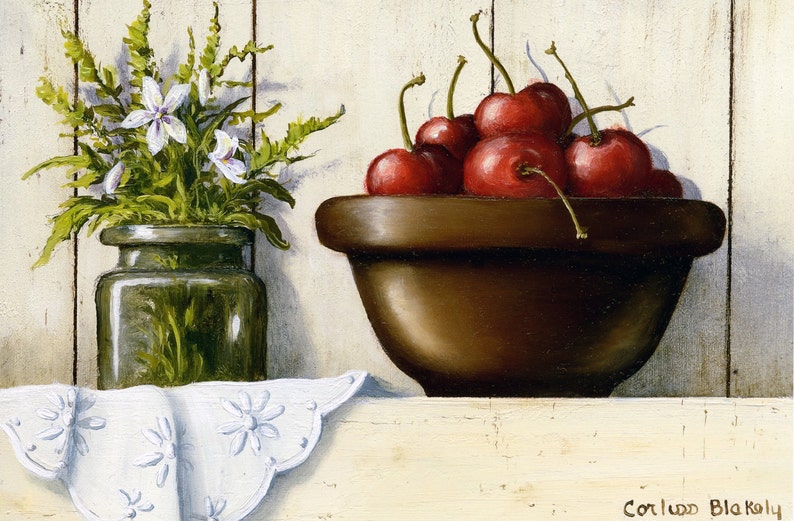 May include: A still life painting of a bowl of red cherries and a glass jar with white flowers. The bowl and jar are on a white wooden surface.