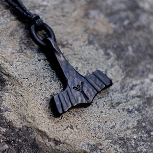 Forged Black Iron Small Thor's Hammer Pendant, Available with Custom Viking Runes, Supplied with jewelry cord