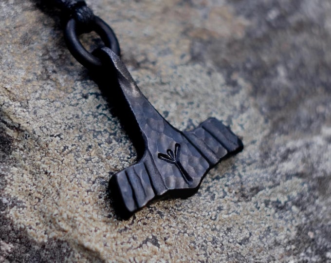 Forged Black Iron Small Thor's Hammer Pendant, Available with Custom Viking Runes, Supplied with jewelry cord. This is the original design!