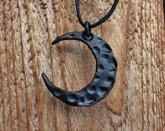 Hand Forged Black Steel Crescent Lunula Moon Pendant, comes supplied with jewelry cord