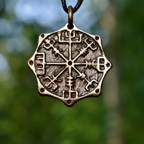 Bronze Viking Compass Vegvisir Pendant, sold with jewelry cord