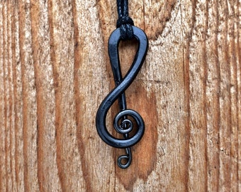 Hand Forged Black Iron Treble Clef Musical Symbol Note Pendant, Comes supplied with jewelry cord