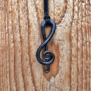 Hand Forged Black Iron Treble Clef Musical Symbol Note Pendant, Comes supplied with jewelry cord