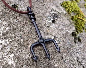 Hand Forged Black Iron Trident of Poseidon/Neptune pendant, comes supplied with jewelry cord