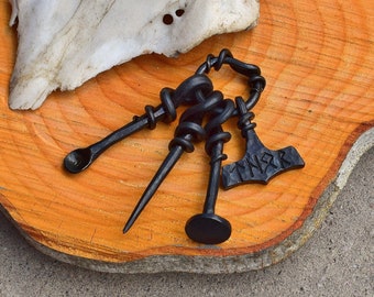 Viking Style Hand Forged Pipe Tool Set, Customizable with Thor's Hammer Amulet!