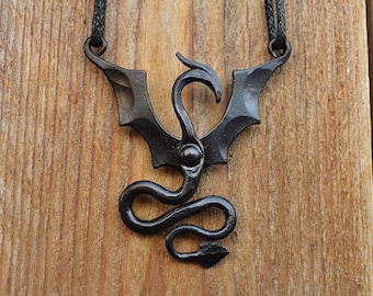 Hand Forged Steel Black Dragon Wyrm Necklace, sold with jewelry cord