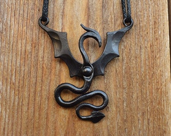 Hand Forged Steel Black Dragon Wyrm Necklace, sold with jewelry cord