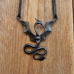 Hand Forged Steel Black Dragon Wyrm Necklace, sold with jewelry cord