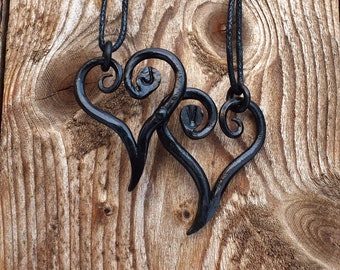Hand Forged Pair of Black Iron Hearts Pendant, Riveted Together For Ages, Personalized by Initials of Your Choosing, sold with jewelry cord