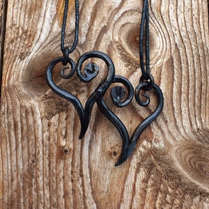 Hand Forged Pair of Black Iron Hearts Pendant, Riveted Together For Ages, Personalized by Initials of Your Choosing, sold with jewelry cord image 1