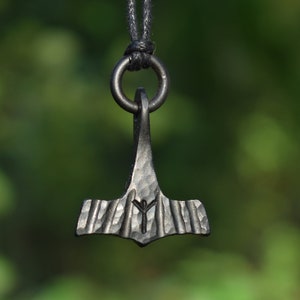 Small Forged Black Iron Thor's Hammer Pendant, available with custom viking runes. Sold with reindeer leather or black cotton thread. image 2