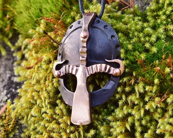 Forged Steel Viking Helm Pendant, sold with jewelry cord.