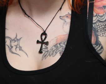 Black Steel Egyptian Cross Ankh Necklace, comes supplied with jewelry cord