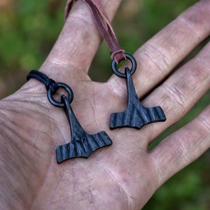 Small Forged Black Iron Thor's Hammer Pendant, available with custom viking runes. Sold with reindeer leather or black cotton thread. image 4