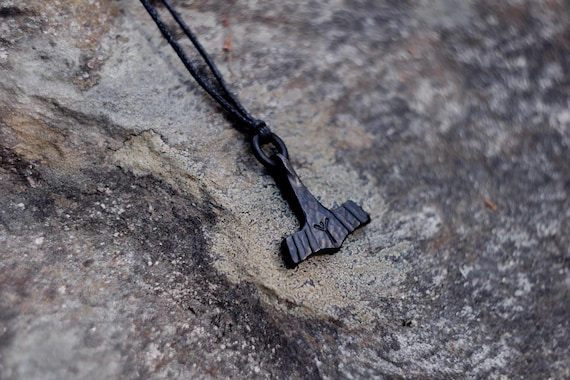 Forged Black Iron Small Thor's Hammer Pendant, Available with Custom Viking Runes, Supplied with jewelry cord