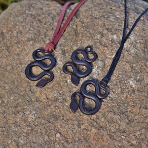 May include: Three black snake pendant necklaces on a rock background. Two of the necklaces have brown leather cords and one has a black cord.