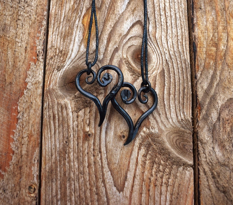 Hand Forged Pair of Black Iron Hearts Pendant, Riveted Together For Ages, Personalized by Initials of Your Choosing, sold with jewelry cord image 1