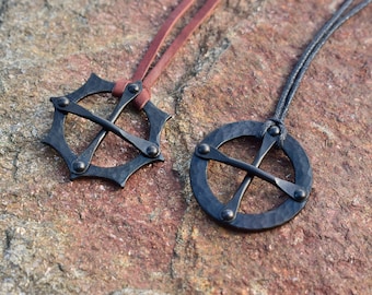Forged Steel Solar Cross/Sun Cross Pendant, comes supplied with jewelry cord