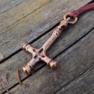 Viking age/Crusades era Bronze Wolf Cross/Thor&#39;s hammer/Inverted Cross Pendant, sold with jewelry cord