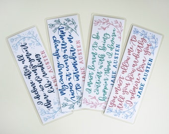 Jane Austen Quote Bookmarks | Set of Four Laminated Bookmarks | Pride & Prejudice Quote Bookmarks COLOR