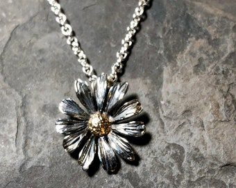 Artisan Daisy Flower Necklace - Handmade Sterling & Gold Mixed Metal Jewelry