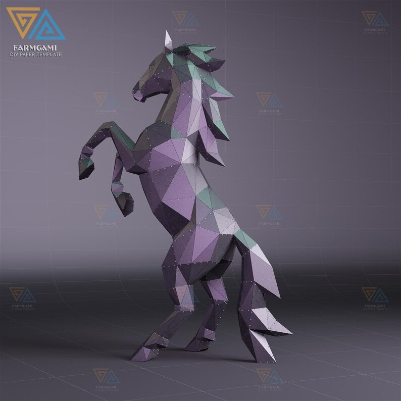 May include: A geometric papercraft unicorn sculpture in shades of purple, gray, and green, rearing up on its hind legs. The sculpture is made of many triangular and polygonal shapes. The logo "FARMGAMI DIY PAPER TEMPLATE" is in the top left corner.