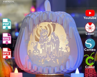 Halloween Witch Graveyard Paper Lantern Template – 3D SVG Papercraft Decor