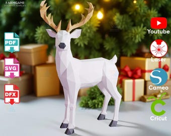 3D Papercraft Reindeer – Christmas Low Poly Deer Sculpture (Digital Template)
