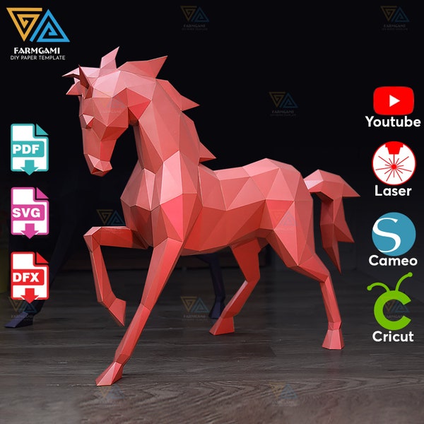 de modèle en papier pour cheval | Sculpture en papier sur pied de cheval | Support pour cheval en kit Papercraft DIY 3D