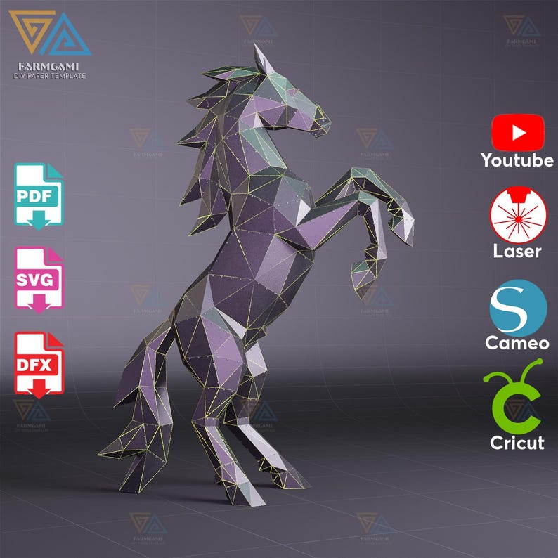 May include: A geometric papercraft horse in a rearing pose, constructed from purple and gold-lined polygonal shapes. The image includes the text "FARMGAMI DIY PAPER TEMPLATE" and icons for PDF, SVG, and DFX file formats, along with YouTube, Laser, Cameo, and Cricut logos.