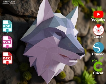 Support mural 3D Papercraft Tête de loup – Sculpture en papier à faire soi-même (téléchargement numérique)