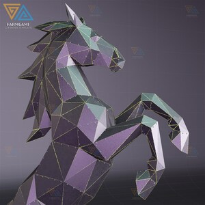 May include: A geometric papercraft horse sculpture in shades of purple, green, and gray, with gold-colored accents. The horse is rearing up on its hind legs, showcasing a detailed, angular design. The logo "Farmgami DIY Paper Template" is visible.