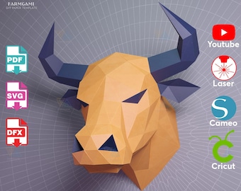 3D Bull Head Papercraft – DIY Wall Mount Paper Sculpture (Digital Download)