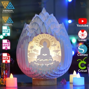 Le Bouddha méditant dans Lotus Pop Up Light Box modèle SVG, oeuf SVG pour Cricut Machine, modèle de cadeau artistique - oeuf Lightbox, papier bricolage