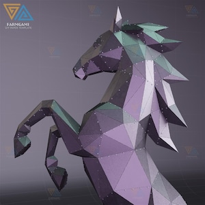 May include: A geometric papercraft horse sculpture in shades of purple, green, and gray. The horse is rearing up, showcasing its angular design and the text "FARMGAMI DIY PAPER TEMPLATE". The sculpture is made of many triangular shapes.