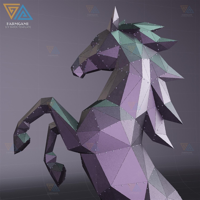 May include: A geometric papercraft horse sculpture in shades of purple, green, and gray. The horse is rearing up, showcasing its angular design and the text "FARMGAMI DIY PAPER TEMPLATE". The sculpture is made of many triangular shapes.