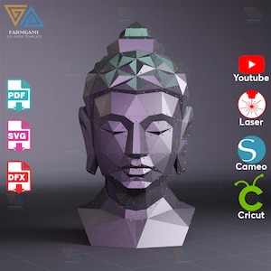 May include: A geometric papercraft Buddha head in shades of purple and gray. The design features a faceted, polygonal construction with visible rivets. The image includes icons for PDF, SVG, and DFX file formats, along with YouTube, Laser, Cameo, and Cricut logos.