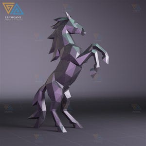 May include: A geometric papercraft unicorn sculpture in shades of purple, gray, and green, rearing up on its hind legs. The sculpture is made from many flat, angular pieces, giving it a faceted appearance. The logo "FARMGAMI DIY PAPER TEMPLATE" is in the top left corner.