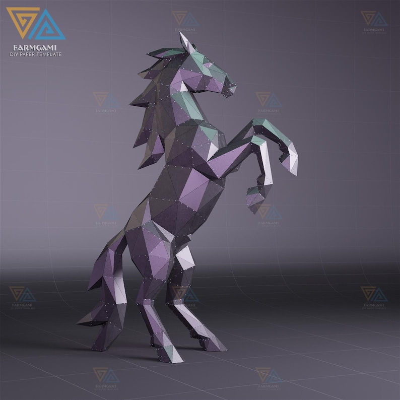 May include: A geometric papercraft unicorn sculpture in shades of purple, gray, and green, rearing up on its hind legs. The sculpture is made from many flat, angular pieces, giving it a faceted appearance. The logo "FARMGAMI DIY PAPER TEMPLATE" is in the top left corner.