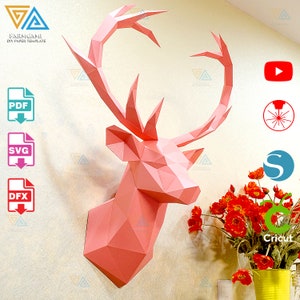 Plantilla de cabeza de ciervo para colgar en papel / Escultura de cabeza de ciervo en papel / Kit de manualidades de cabeza de ciervo en papel 3D, SVG para Cricut y Silhouette