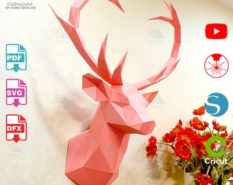 Deer Head Paper Model Template Hangging | Deer Head Paper Sculpture | Deer Head  Papercraft Kit DIY 3D, SVG for Cricut and Silhouette