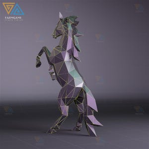 May include: A geometric papercraft unicorn in a rearing pose. The sculpture is primarily purple with green and gold accents, and is constructed from many triangular facets. The Farmgami logo is visible in the upper left corner.