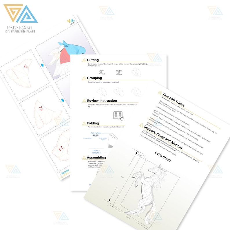 May include: A DIY paper template from Farmgami, featuring instructions and diagrams for a papercraft project. The image shows detailed steps for cutting, grouping, folding, and assembling a paper horse. Includes tips and tricks for the project.