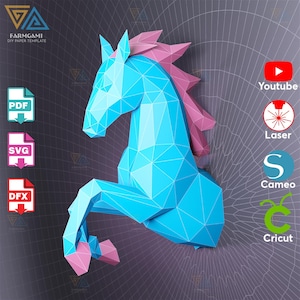 May include: A geometric papercraft unicorn in shades of blue and pink, with the Farmgami logo and file type icons. The unicorn is posed rearing up, with a polygonal design. Icons for YouTube, Laser, Cameo, and Cricut are also visible.