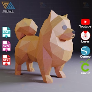 May include: A geometric papercraft dog in shades of tan and brown, with a fluffy tail and pointed ears. The image includes icons for PDF, SVG, and DFX files, along with logos for YouTube, Laser, Cameo, and Cricut.
