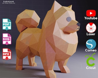 3D Papercraft Pomeranian Dog – Low Poly Paper Model (Digital Template)
