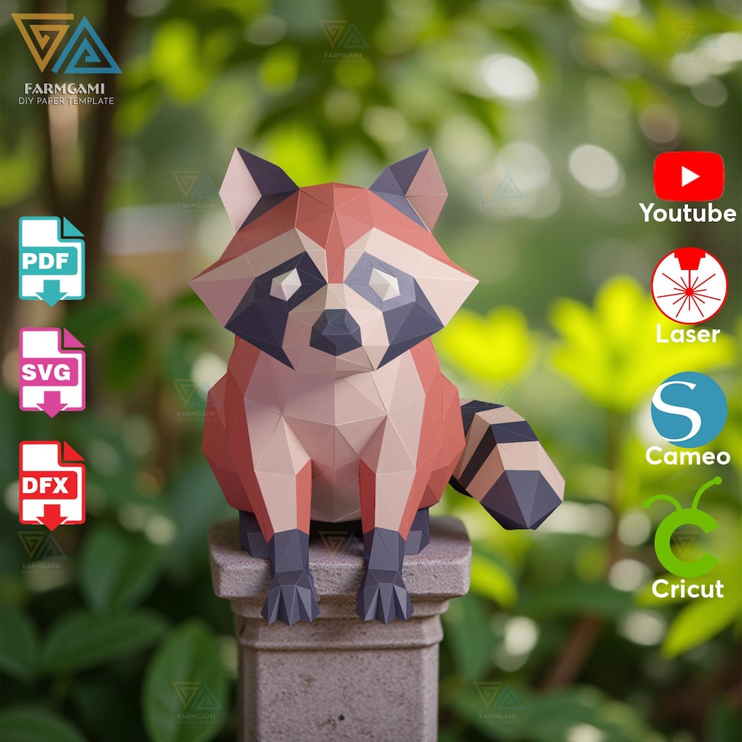 Raccoon Papercraft Template – 3D Paper Sculpture (PDF, DXF, SVG Digital ...