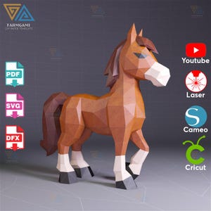 May include: A brown paper horse sculpture with a geometric design. The horse has a white face and legs, with a dark brown mane and tail. The image includes the text "FARMGAMI DIY PAPER TEMPLATE" and icons for PDF, SVG, and DFX files.