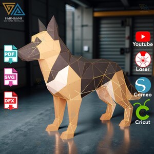 Peut inclure: Un berger allemand en papier géométrique de couleur beige, marron et noir, avec des lignes dorées définissant les bords. Le chien est debout sur une surface grise. L'image comprend le texte "FARMGAMI DIY PAPER TEMPLATE" et des icônes pour PDF, SVG et DFX.