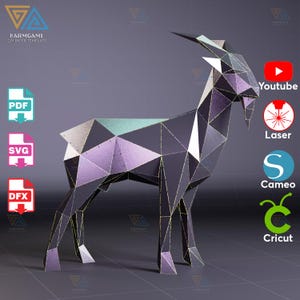 May include: A low-poly papercraft model of a goat, with a purple and black color scheme. The model is standing on a gray surface. The image also includes icons for YouTube, laser cutting, Cameo, and Cricut.